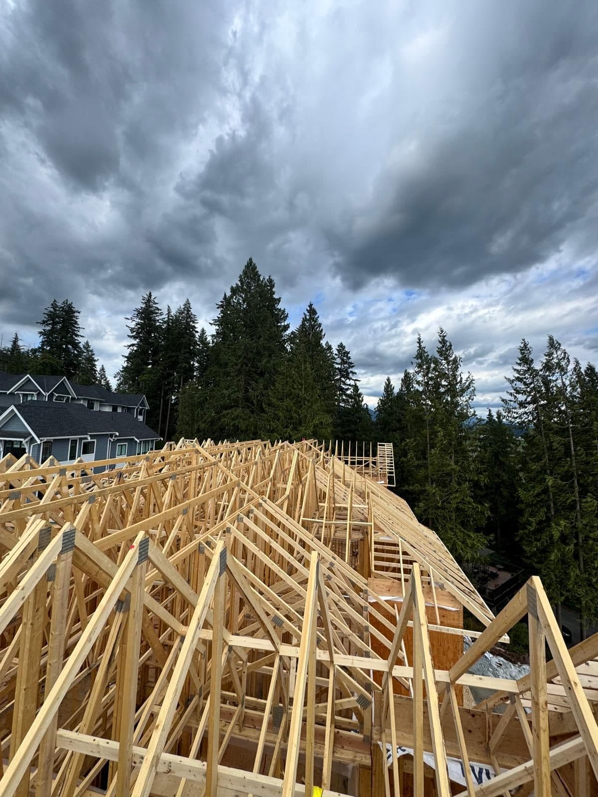 Roof trusses set on a framed building